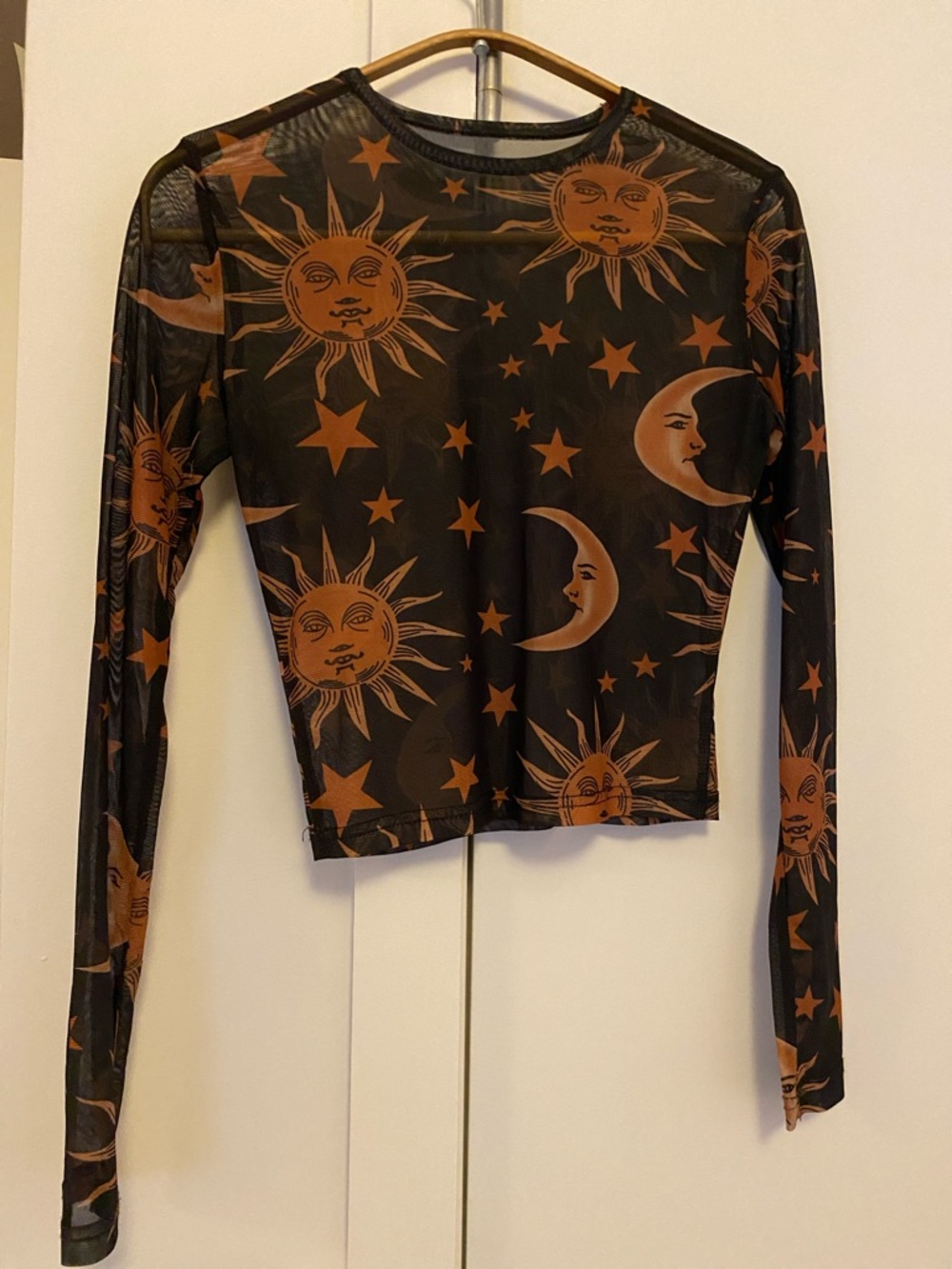 Black Mesh Long-Sleeve Crop Top with Rust Sun & Moon Print